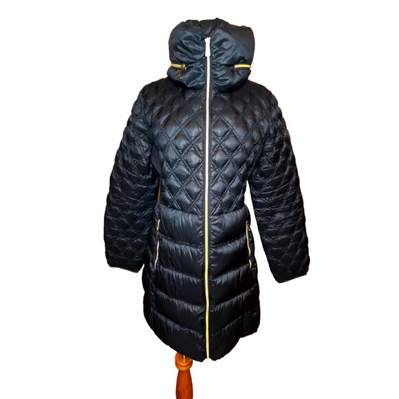 Michael Kors Jacket Women's L Navy Packable Down Fill Hooded Puffer Coat Long - Picture 2 of 16